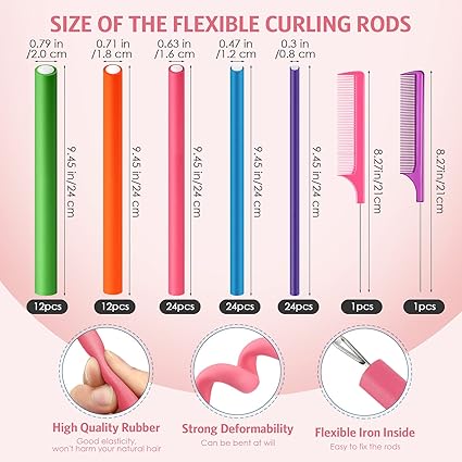 Flexible Soft Twist Foam Hair Rollers, Tail Combs for Women