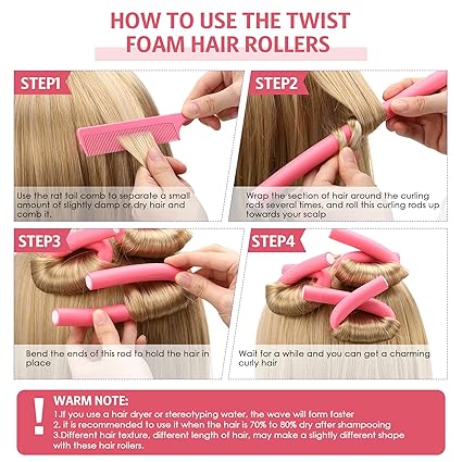 Flexible Soft Twist Foam Hair Rollers, Tail Combs for Women